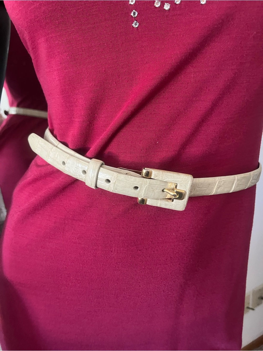 Vintage genuine crocodile Skinny Belt with Gold Buckle